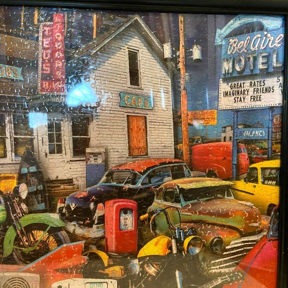 Framed Puzzle Picture Old Nostalgic Cars Motorcycles Trucks Dogs Bel Aire Motel - Picture 1 of 8